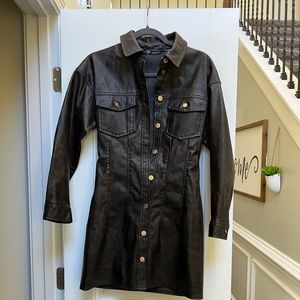Zara Brown washed Faux Leather Mini dress button Down Size Small